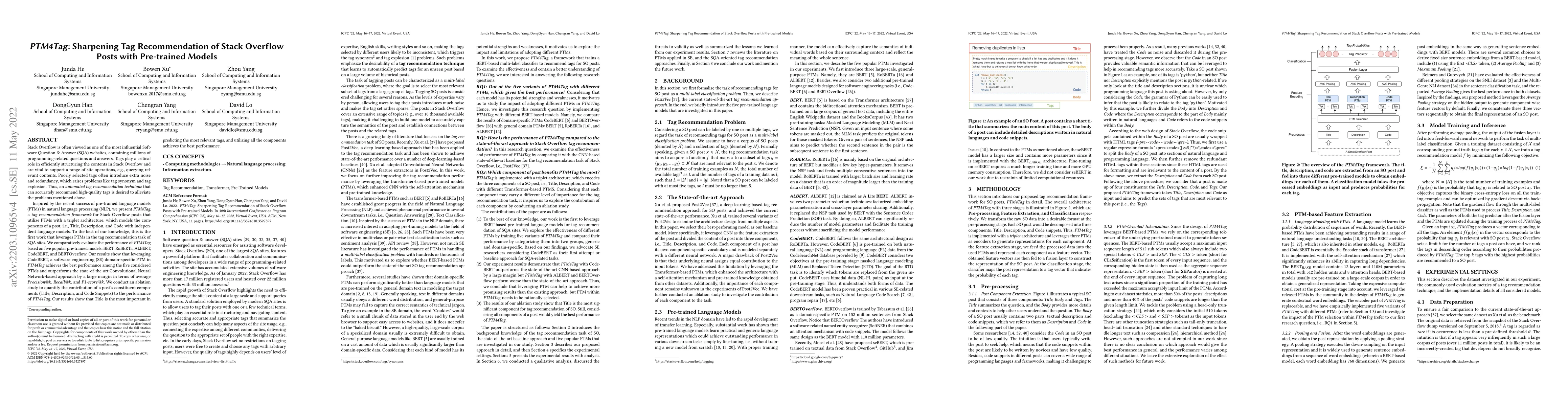 Thumbnail for PTM4Tag: Sharpening Tag Recommendation of Stack Overflow Posts with
  Pre-trained Models