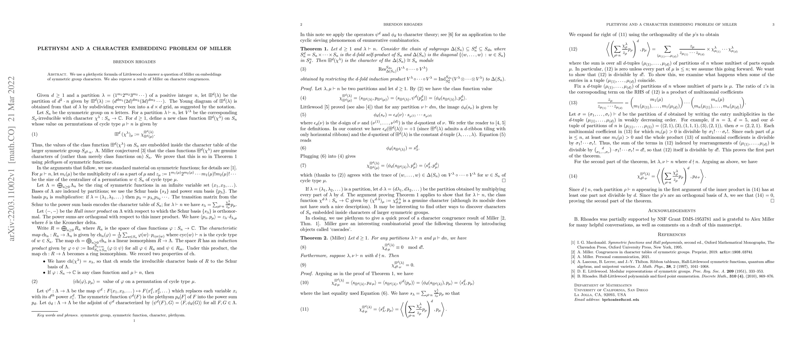 Thumbnail for Plethysm and a character embedding problem of Miller