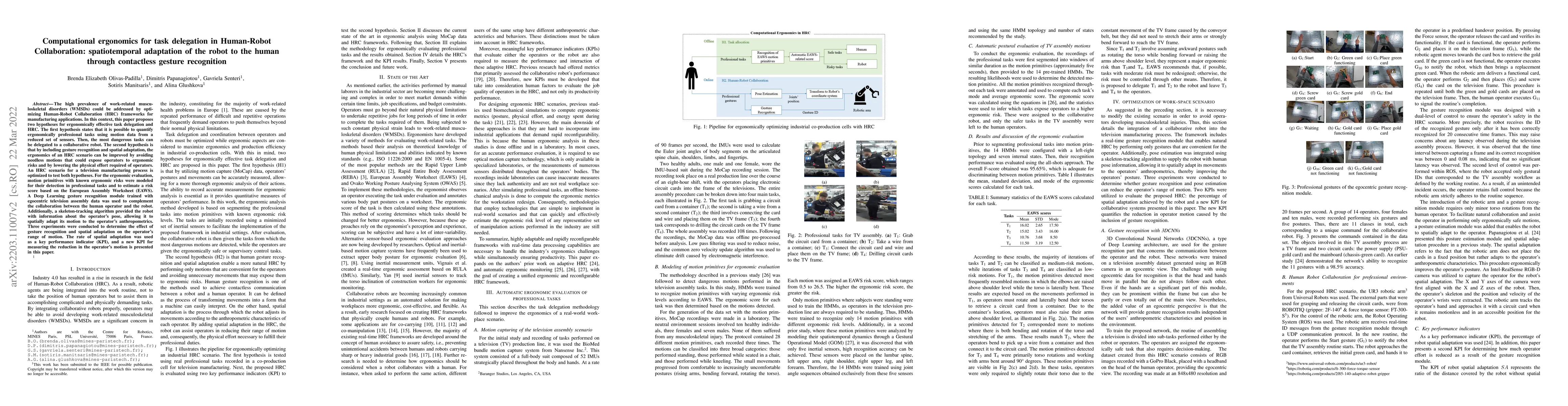 Thumbnail for Computational ergonomics for task delegation in Human-Robot
  Collaboration: spatiotemporal adaptation of the robot to the human through
  contactless gesture recognition