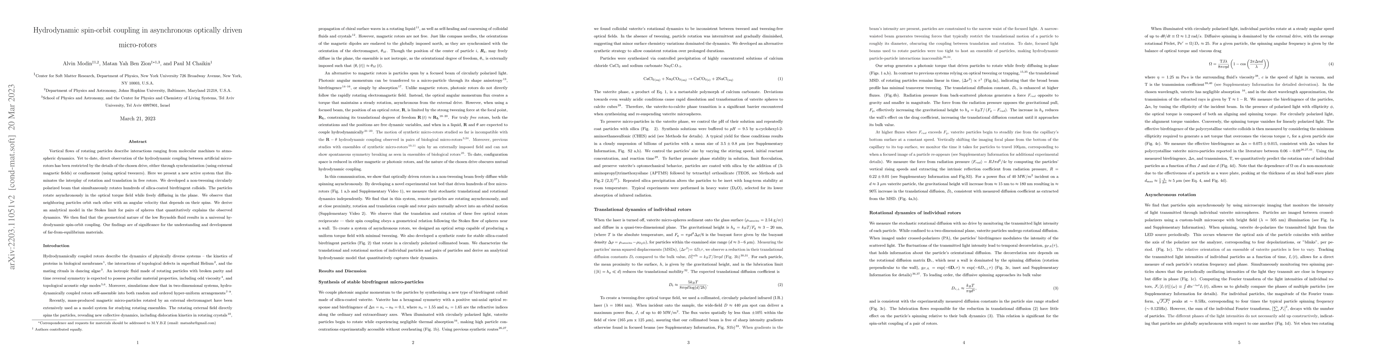 Thumbnail for Hydrodynamic spin-orbit coupling in asynchronous optically driven
  micro-rotors
