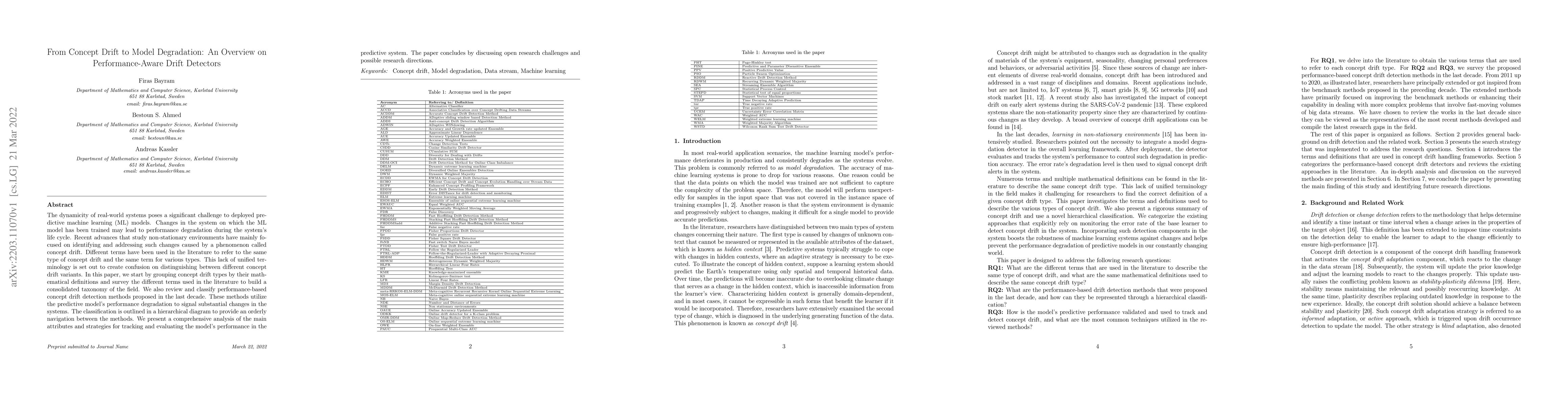Thumbnail for From Concept Drift to Model Degradation: An Overview on
  Performance-Aware Drift Detectors