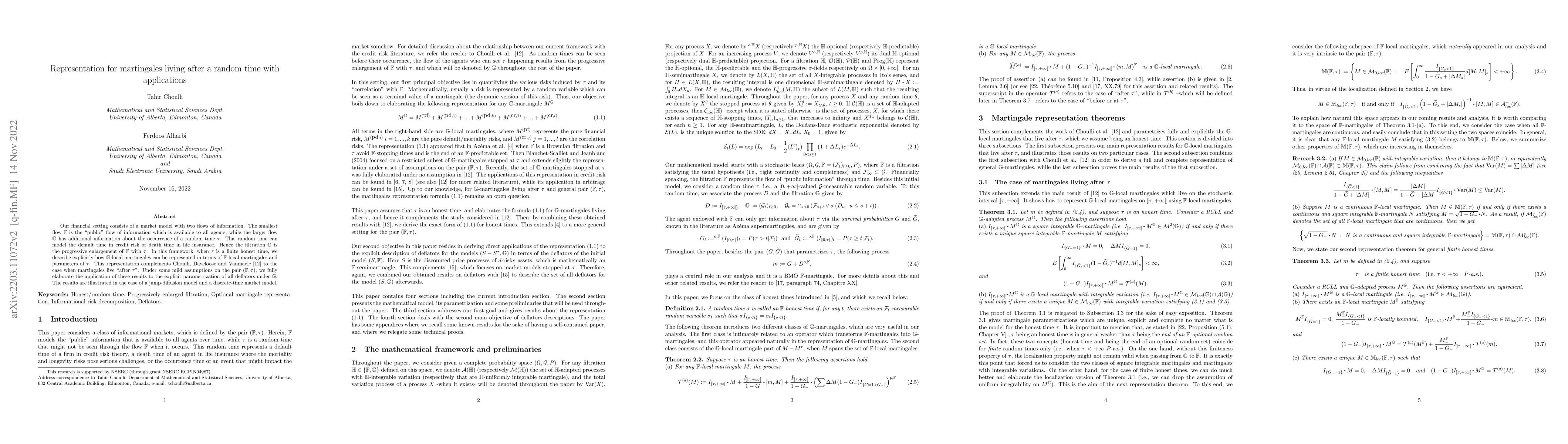 Thumbnail for Representation for martingales living after a random time with
  applications