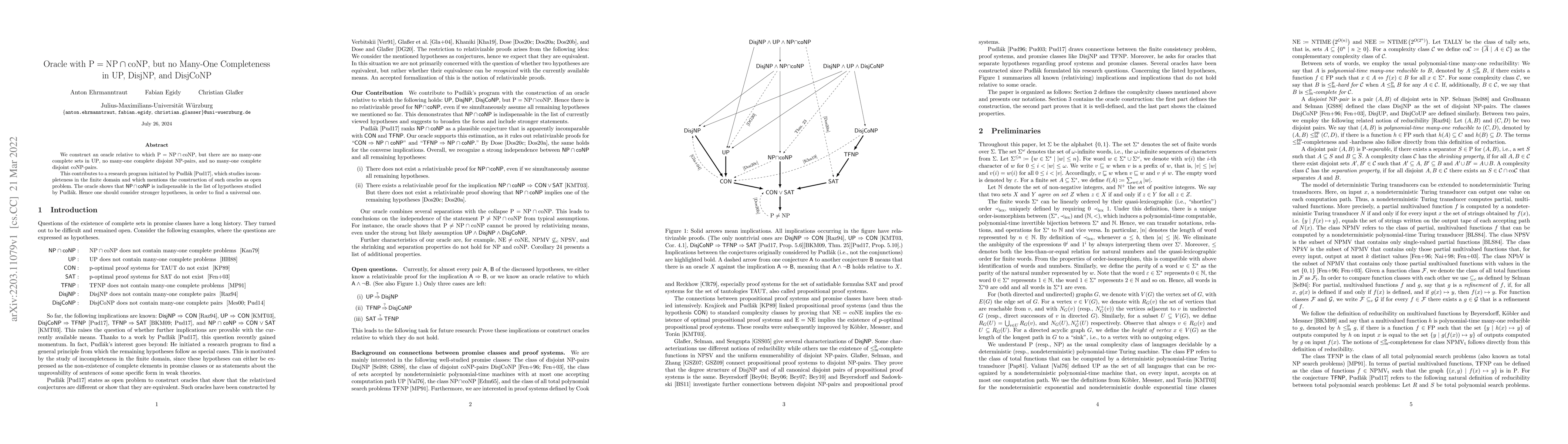 Thumbnail for Oracle with $\mathrm{P=NP\cap coNP}$, but no Many-One Completeness in
  UP, DisjNP, and DisjCoNP