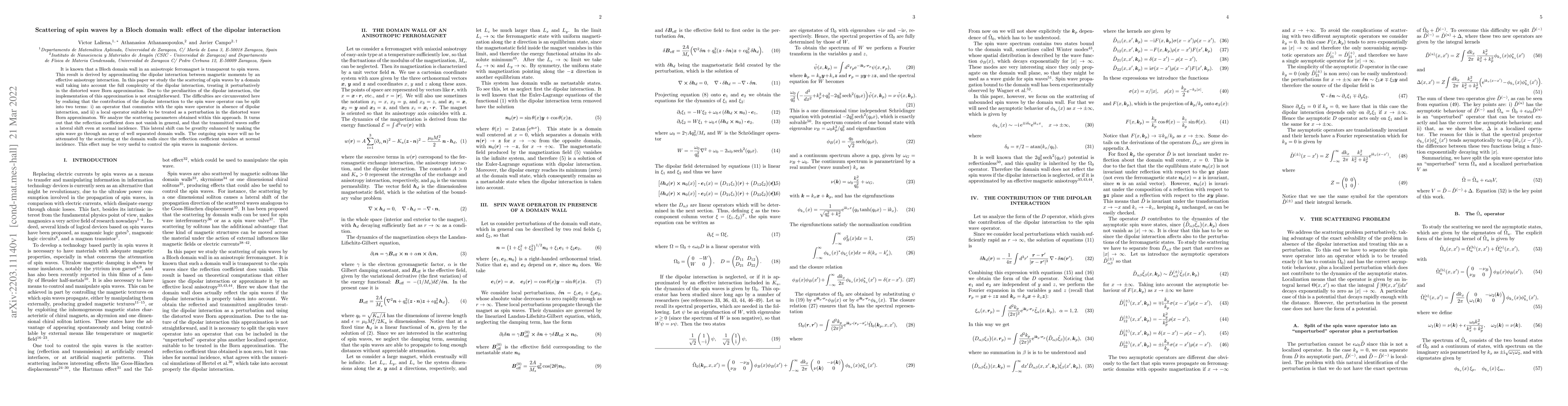 Thumbnail for Scattering of spin waves by a Bloch domain wall: effect of the dipolar
  interaction