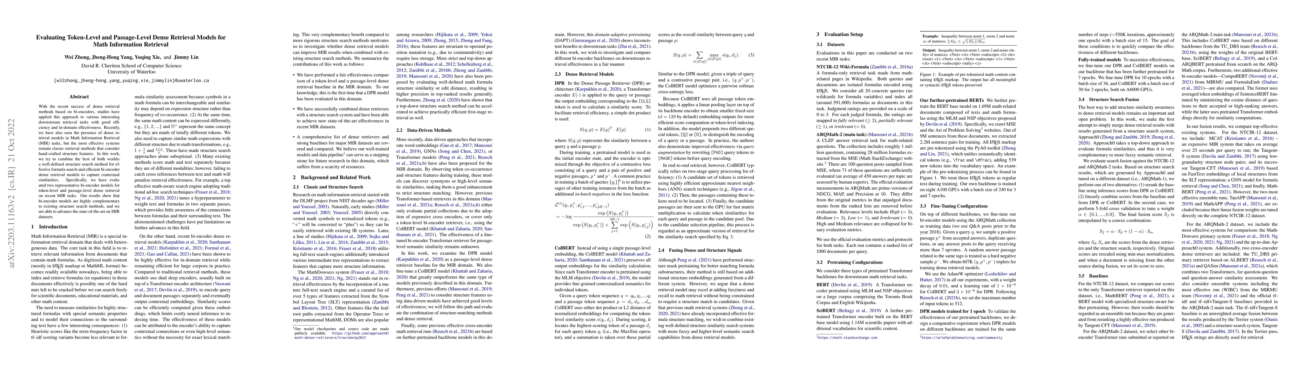 Thumbnail for Evaluating Token-Level and Passage-Level Dense Retrieval Models for Math
  Information Retrieval