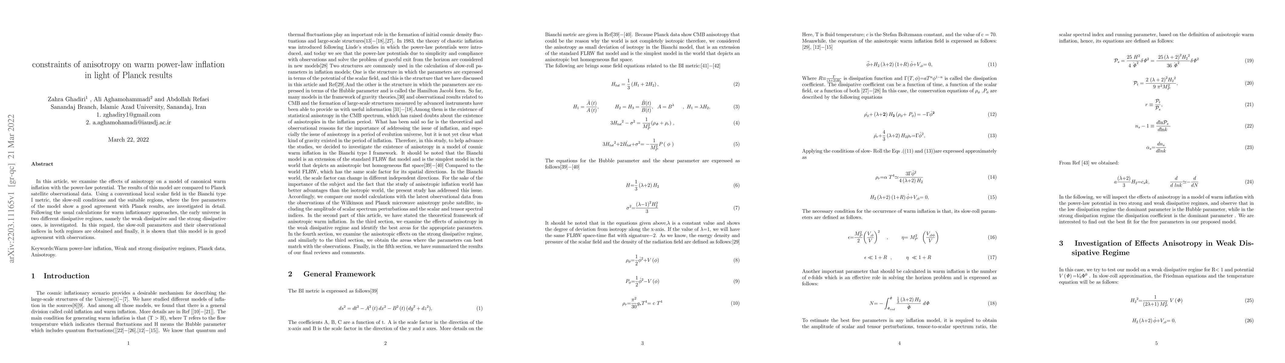 Thumbnail for Constraints of anisotropy on warm power-law inflation in light of Planck
  results