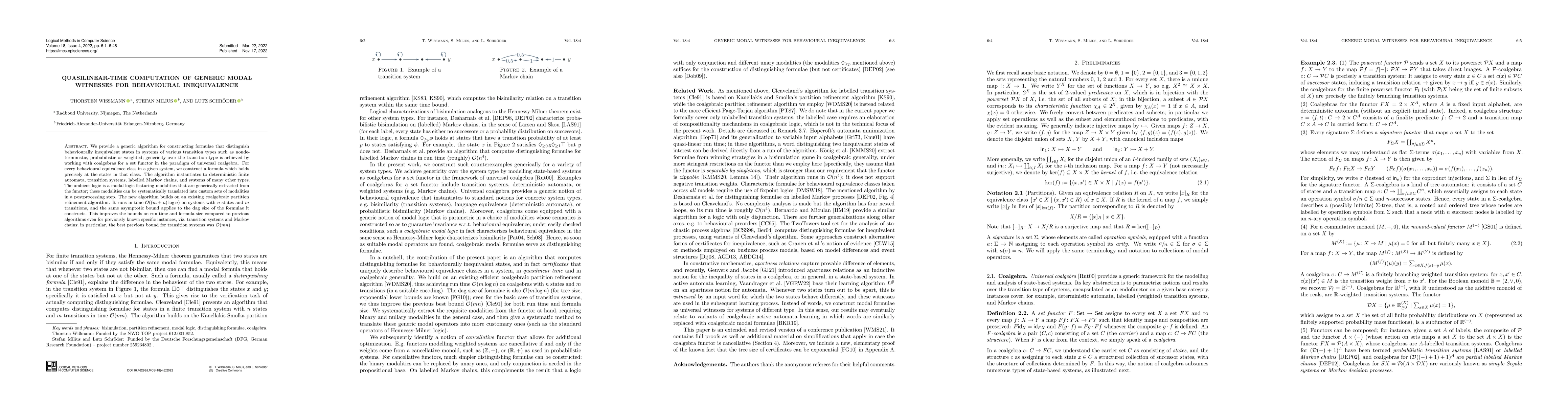 Thumbnail for Quasilinear-time Computation of Generic Modal Witnesses for Behavioural
  Inequivalence