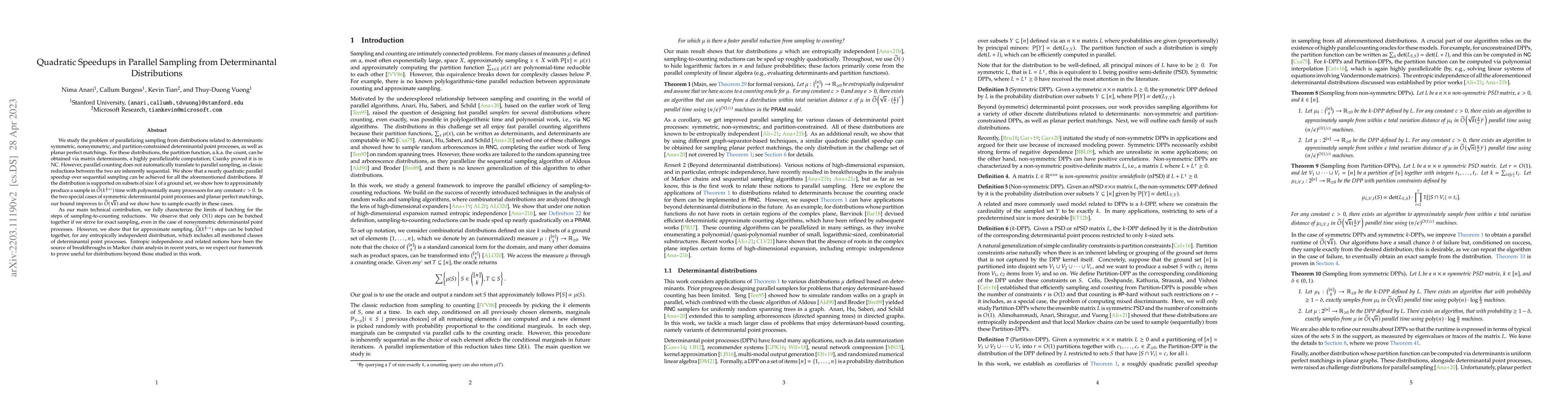 Thumbnail for Quadratic Speedups in Parallel Sampling from Determinantal Distributions