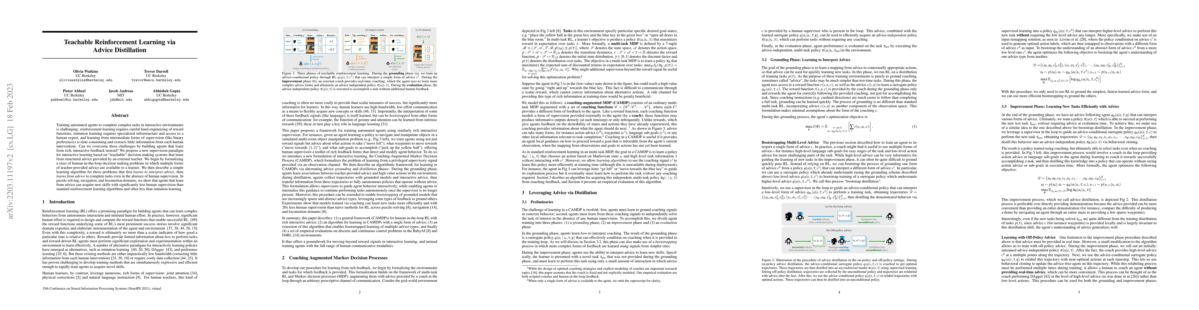 Thumbnail for Teachable Reinforcement Learning via Advice Distillation