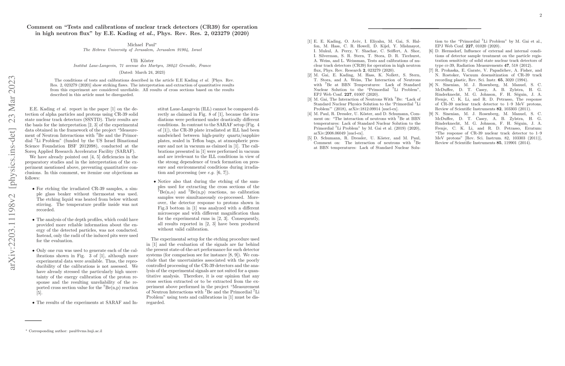Thumbnail for Comment on "Tests and calibrations of nuclear track detectors (CR39) for
  operation in high neutron flux" by E.E. Kading et al., Phys. Rev. Res. 2,
  023279 (2020)