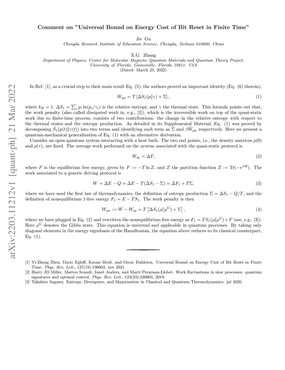 Thumbnail for Comment on "Universal Bound on Energy Cost of Bit Reset in Finite Time"