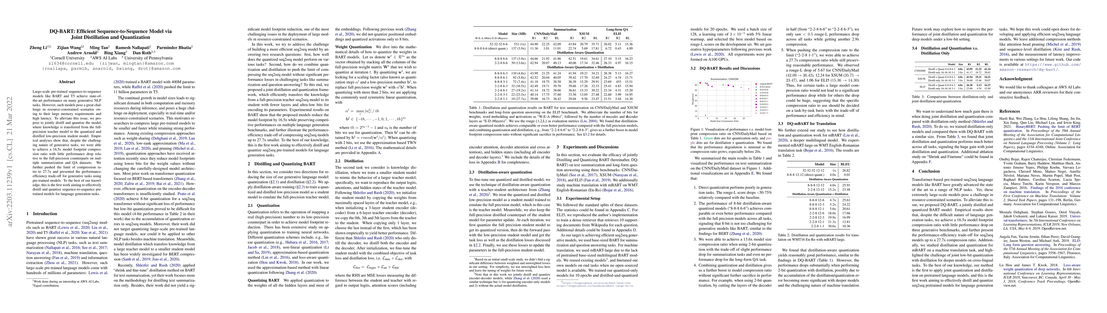 Thumbnail for DQ-BART: Efficient Sequence-to-Sequence Model via Joint Distillation and
  Quantization