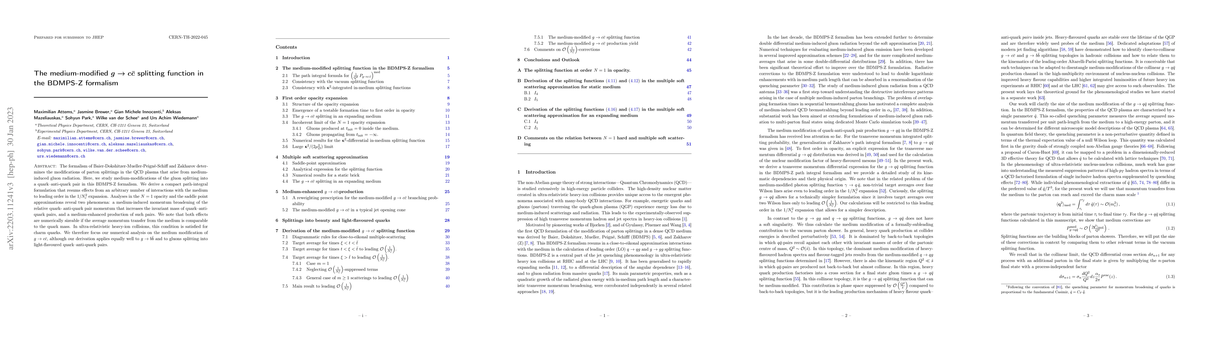 Thumbnail for The medium-modified $g\to c\bar{c}$ splitting function in the BDMPS-Z
  formalism