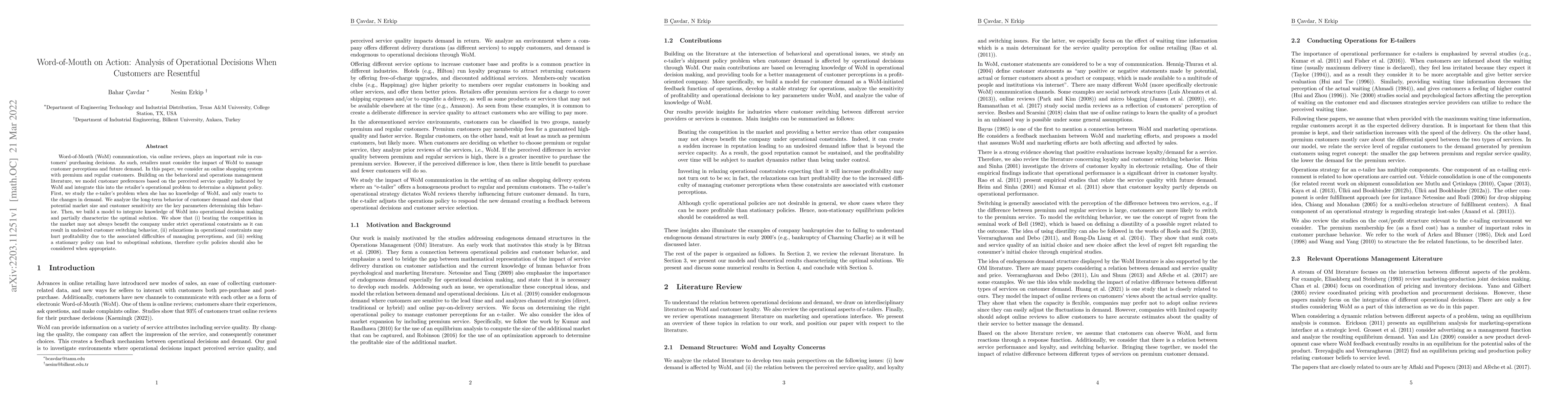 Thumbnail for Word-of-Mouth on Action: Analysis of Operational Decisions When
  Customers are Resentful