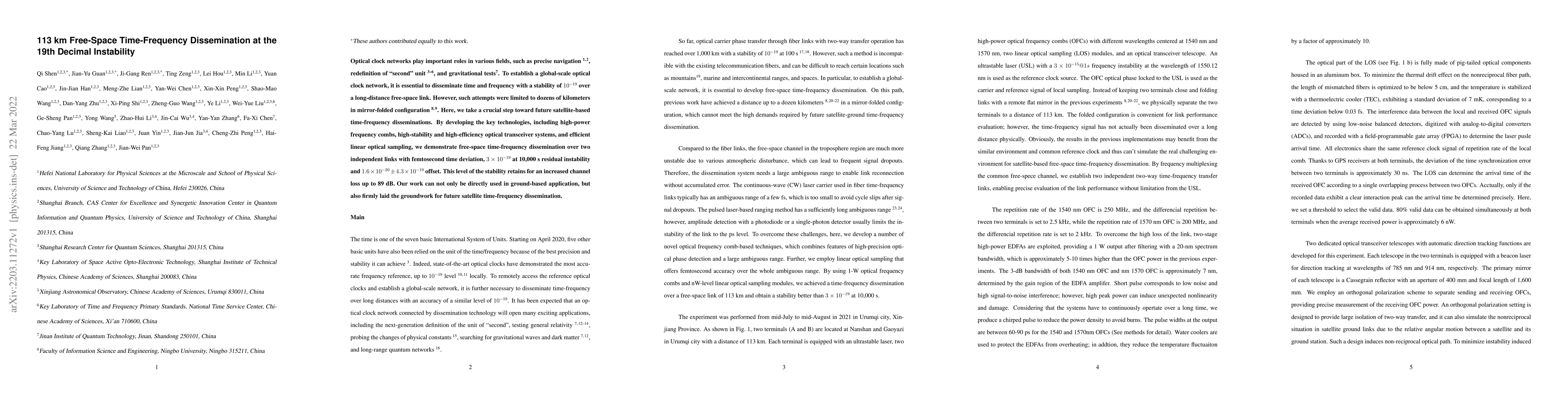 Thumbnail for 113 km Free-Space Time-Frequency Dissemination at the 19th Decimal
  Instability