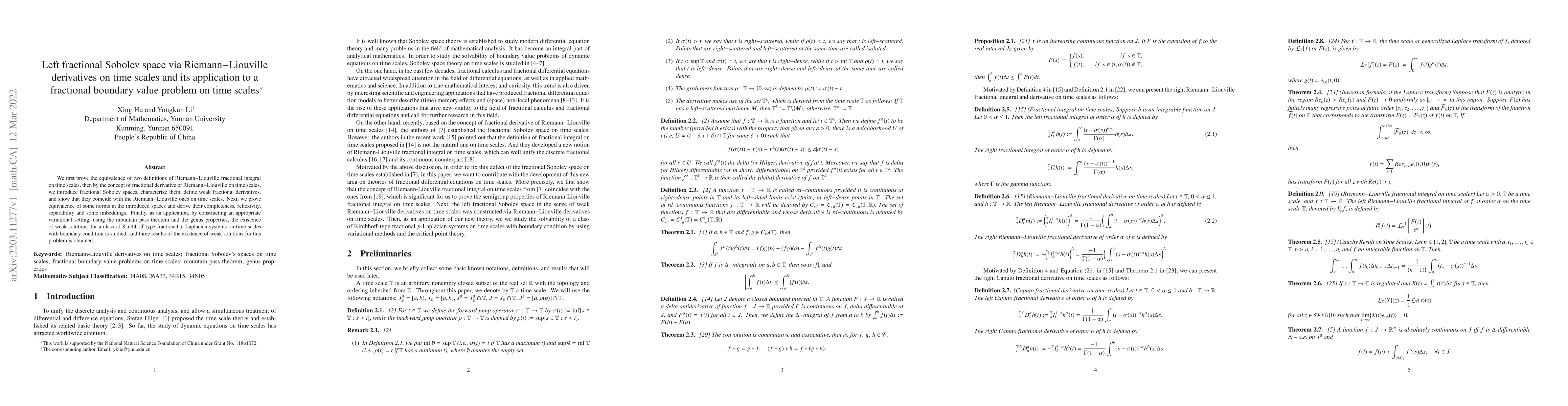 Thumbnail for Left fractional Sobolev space via Riemann$-$Liouville derivatives on
  time scales and its application to a fractional boundary value problem on
  time scales