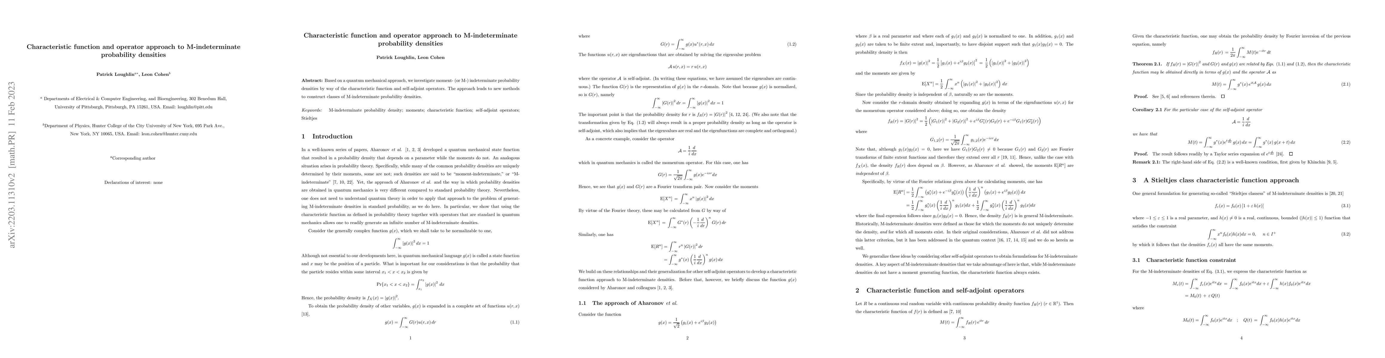 Thumbnail for Characteristic function and operator approach to M-indeterminate
  probability densities