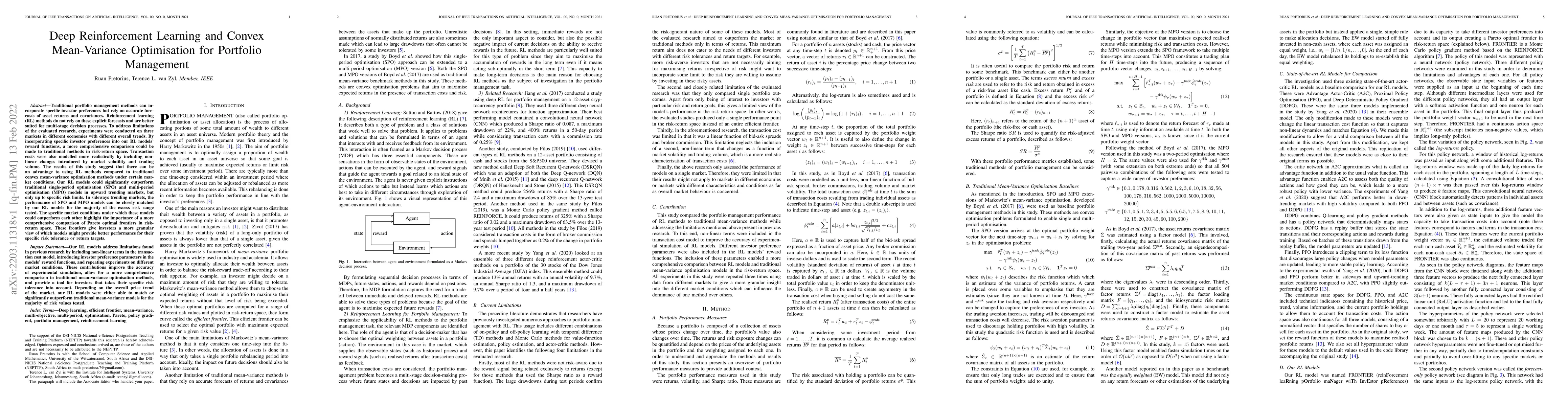 Thumbnail for Deep Reinforcement Learning and Convex Mean-Variance Optimisation for
  Portfolio Management