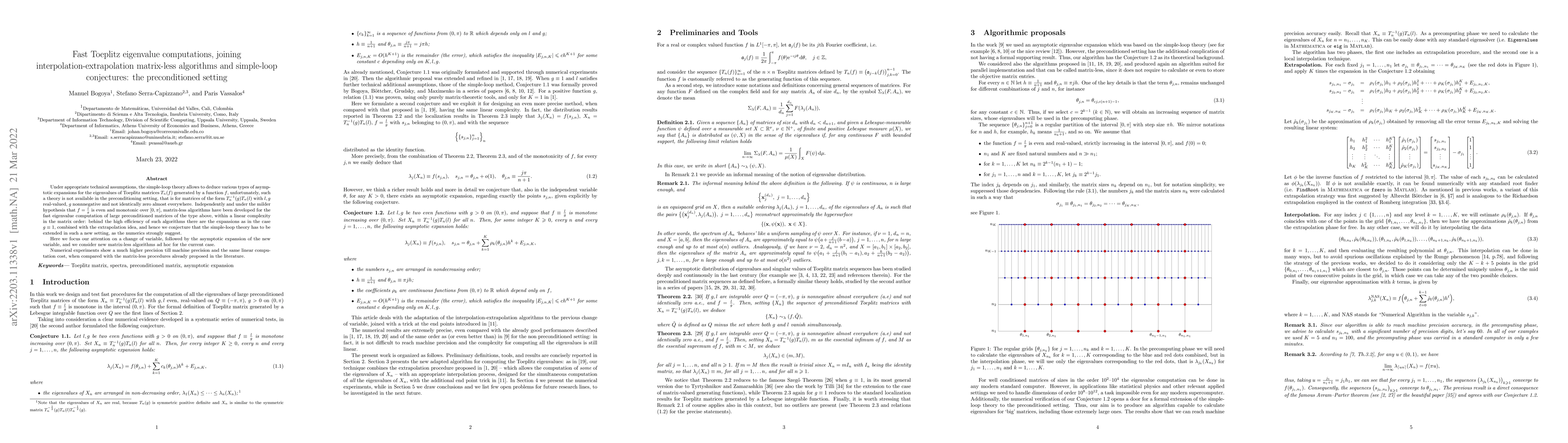 Thumbnail for Fast Toeplitz eigenvalue computations, joining
  interpolation-extrapolation matrix-less algorithms and simple-loop
  conjectures: the preconditioned setting