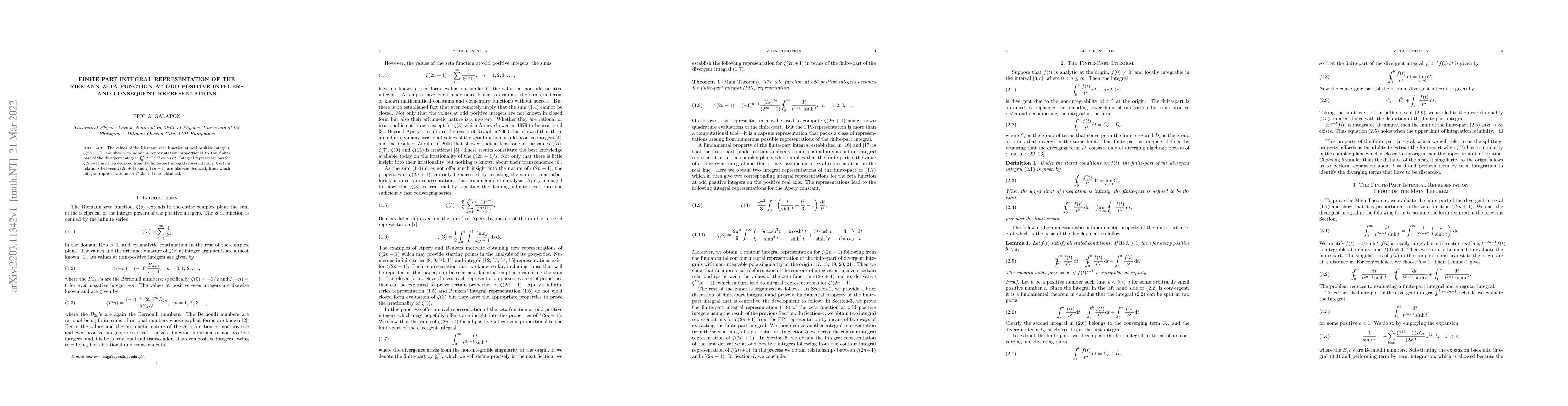 Thumbnail for Finite-part integral representation of the Riemann zeta function at odd
  positive integers and consequent representations