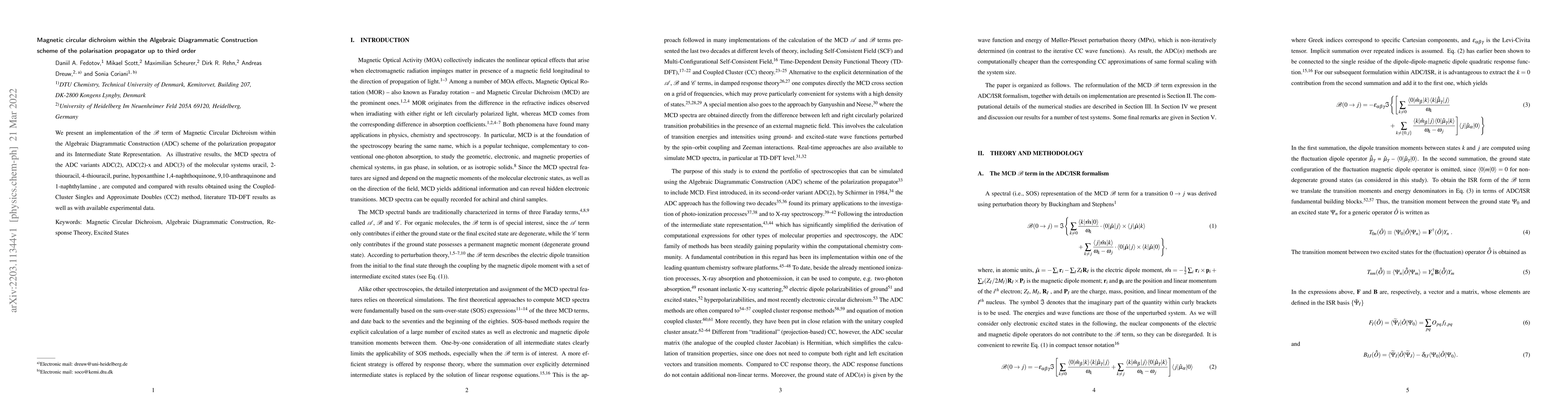 Thumbnail for Magnetic circular dichroism within the Algebraic Diagrammatic
  Construction scheme of the polarisation propagator up to third order