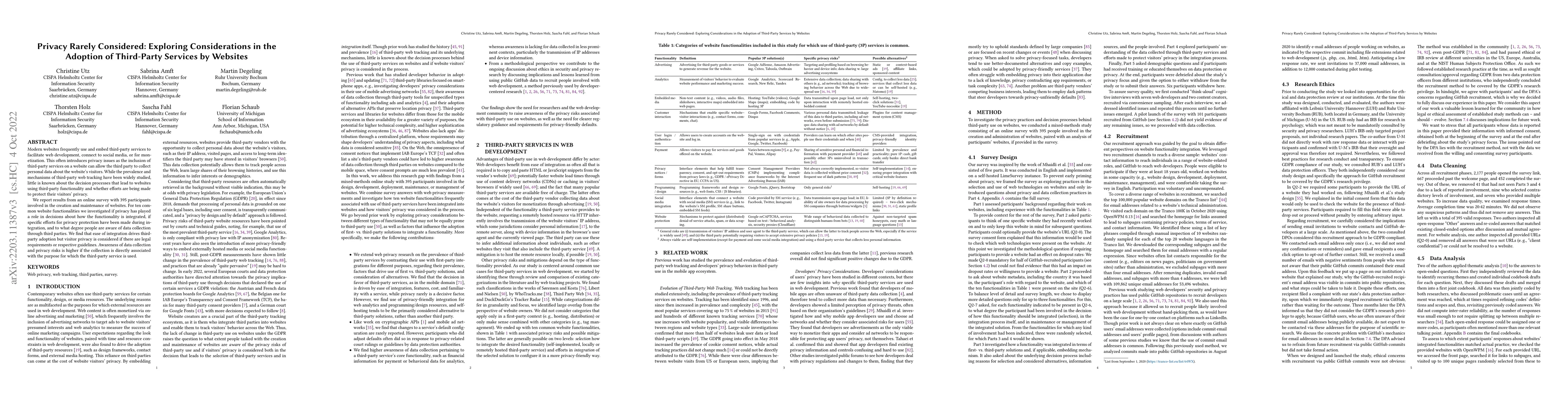 Thumbnail for Privacy Rarely Considered: Exploring Considerations in the Adoption of
  Third-Party Services by Websites