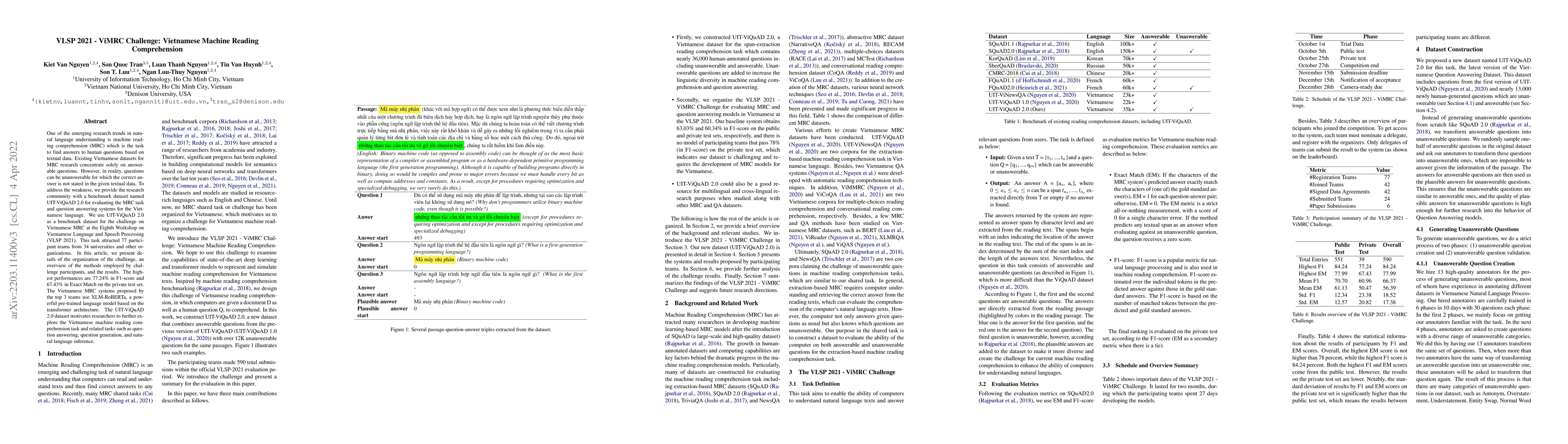 Thumbnail for VLSP 2021 - ViMRC Challenge: Vietnamese Machine Reading Comprehension