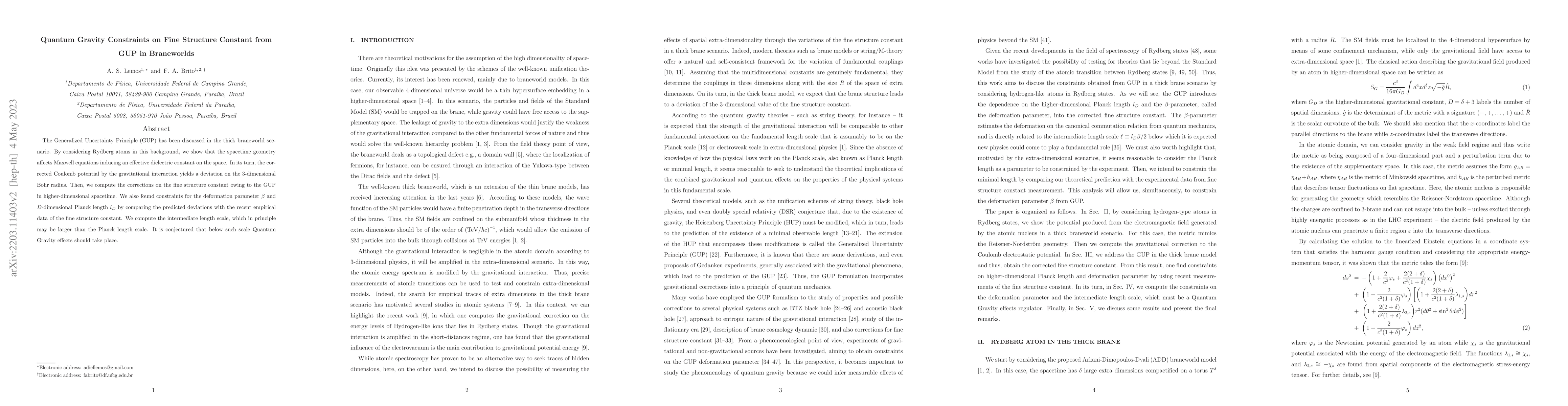 Thumbnail for Quantum Gravity Constraints on Fine Structure Constant from GUP in
  Braneworlds