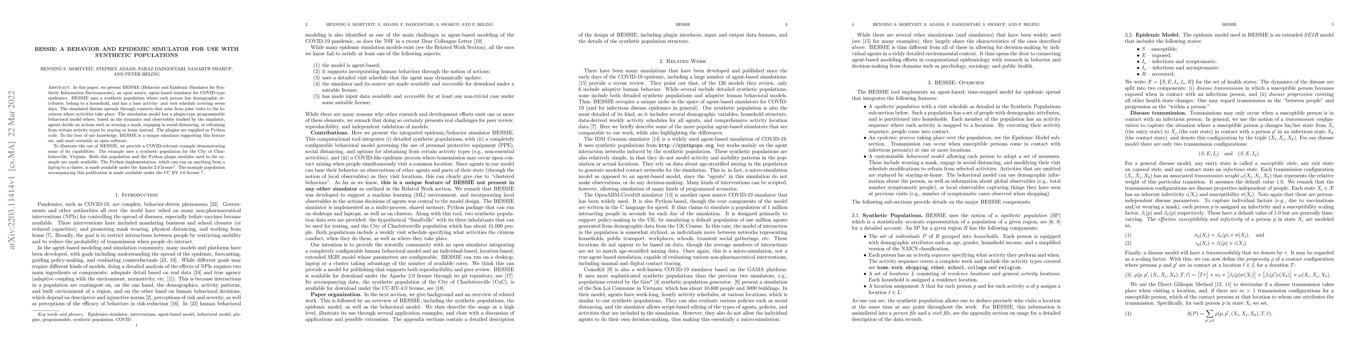 Thumbnail for BESSIE: A Behavior and Epidemic Simulator for Use With Synthetic
  Populations