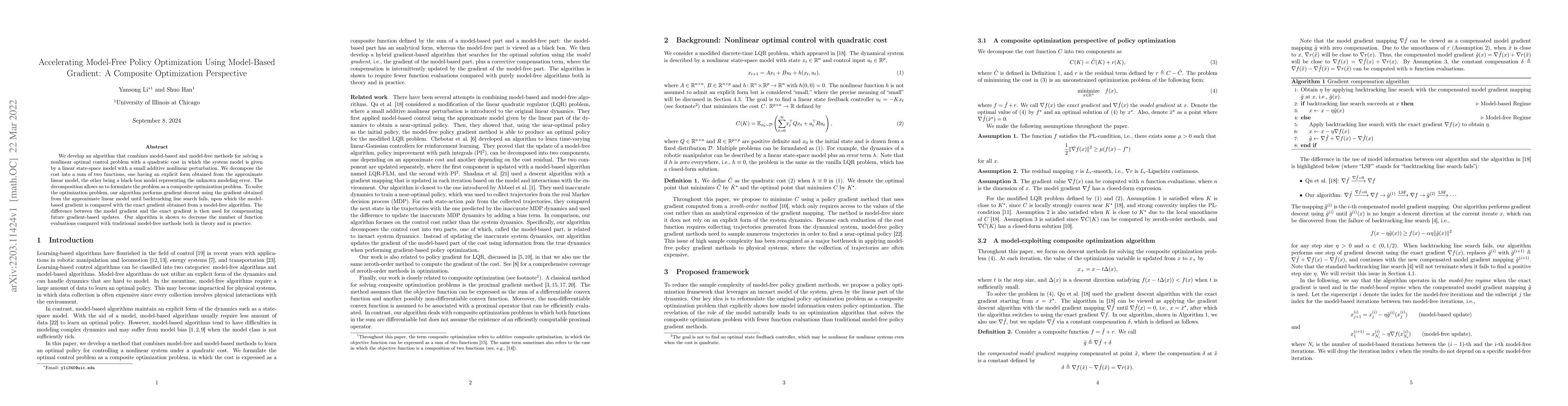 Thumbnail for Accelerating Model-Free Policy Optimization Using Model-Based Gradient:
  A Composite Optimization Perspective