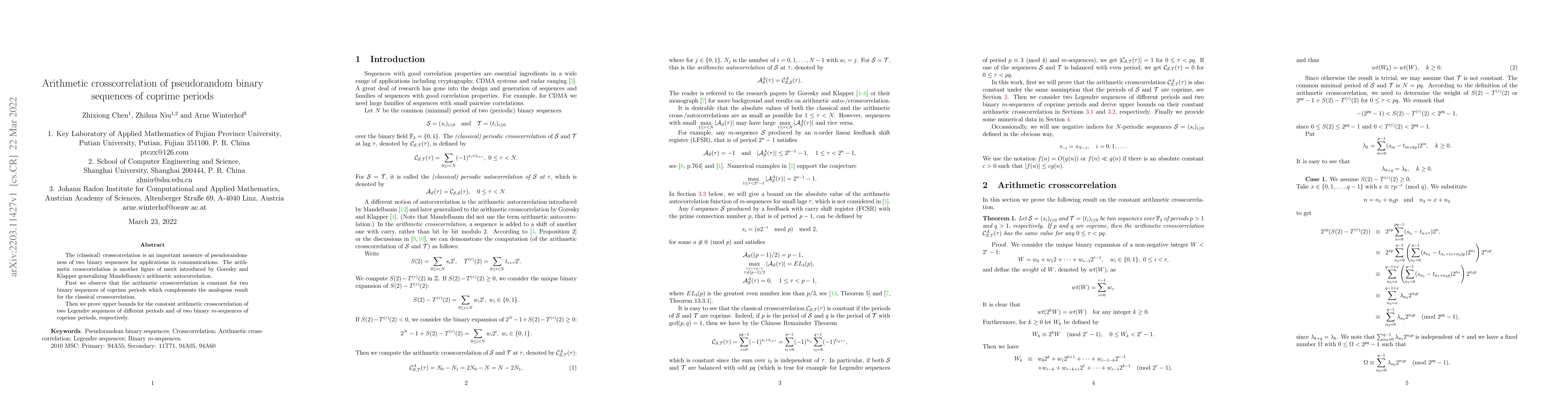 Thumbnail for Arithmetic crosscorrelation of pseudorandom binary sequences of coprime
  periods