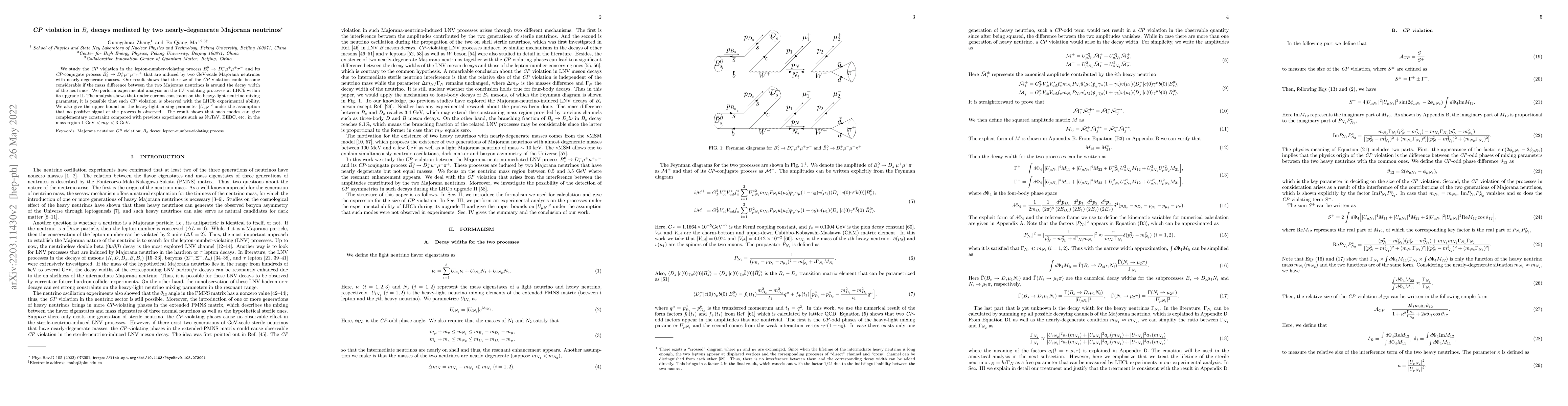 Thumbnail for CP violation in $B_s$ decays mediated by two nearly-degenerate Majorana
  neutrinos