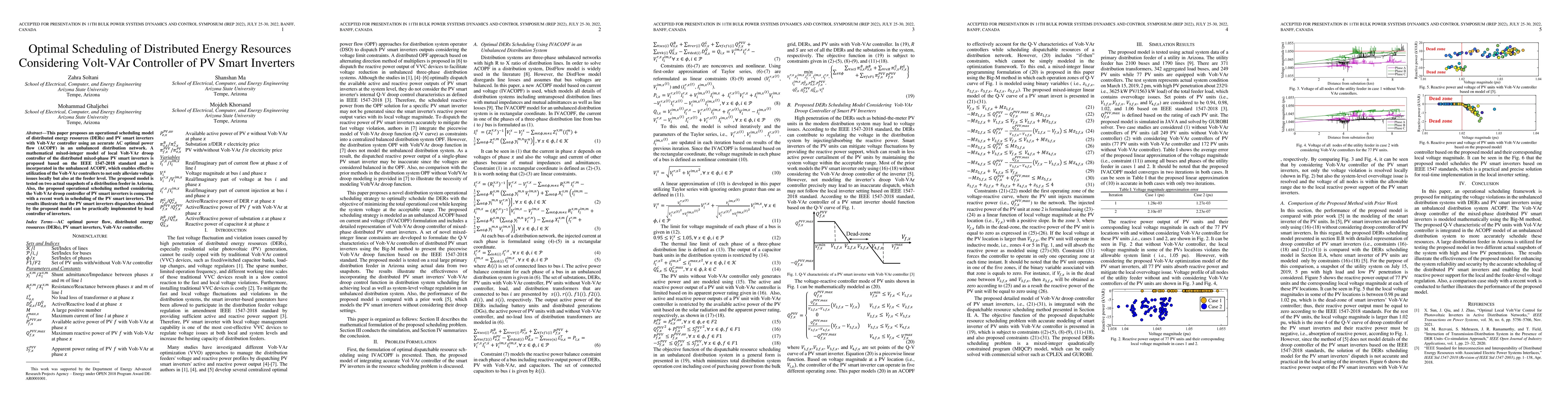 Thumbnail for Optimal Scheduling of Distributed Energy Resources Considering Volt-VAr
  Controller of PV Smart Inverters