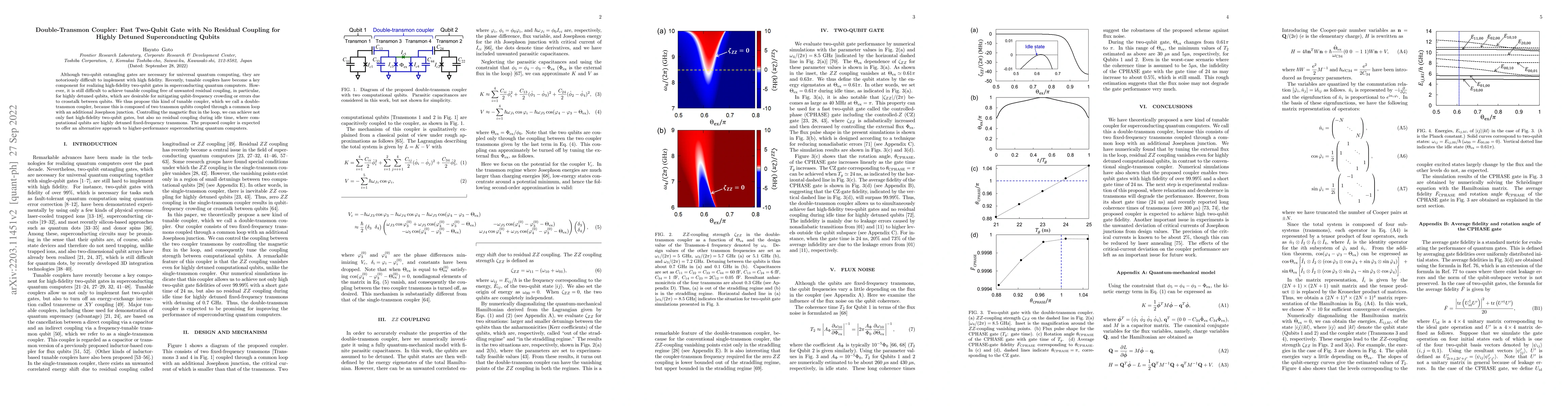 Thumbnail for Double-Transmon Coupler: Fast Two-Qubit Gate with No Residual Coupling
  for Highly Detuned Superconducting Qubits