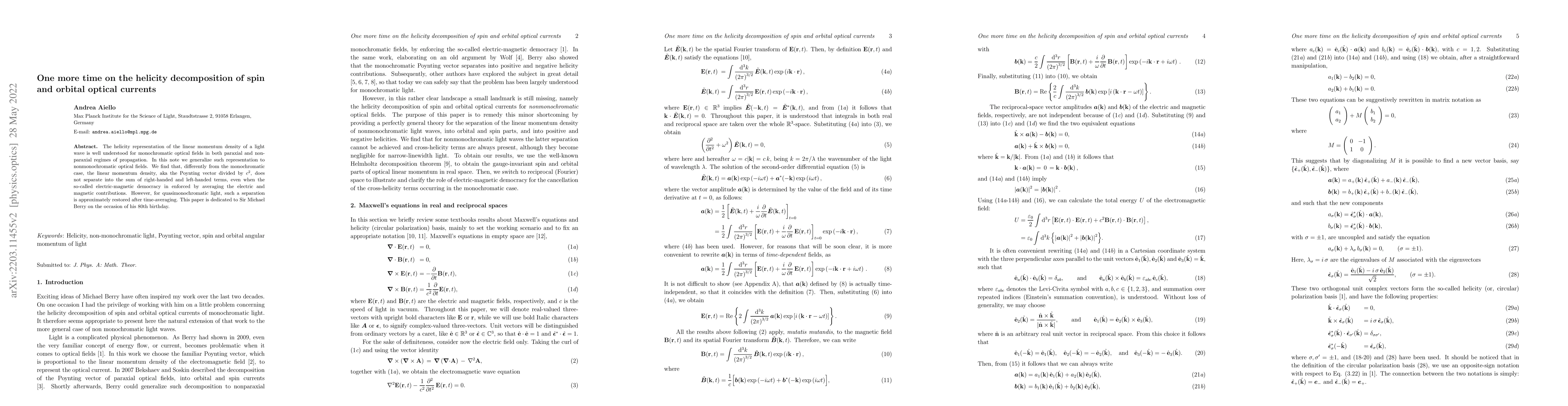 Thumbnail for One more time on the helicity decomposition of spin and orbital optical
  currents
