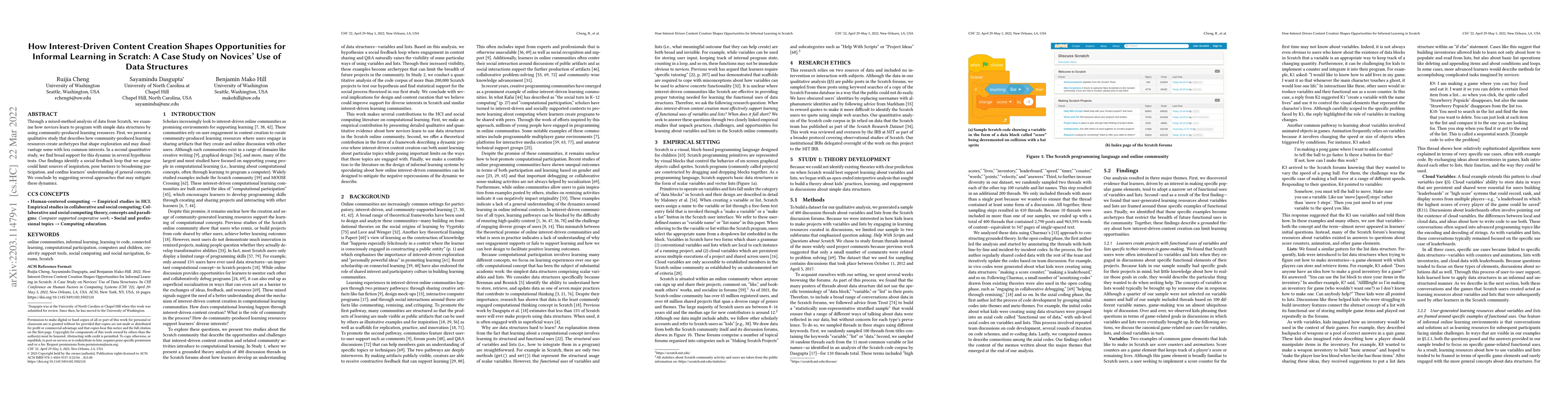 Thumbnail for How Interest-Driven Content Creation Shapes Opportunities for Informal
  Learning in Scratch: A Case Study on Novices' Use of Data Structures