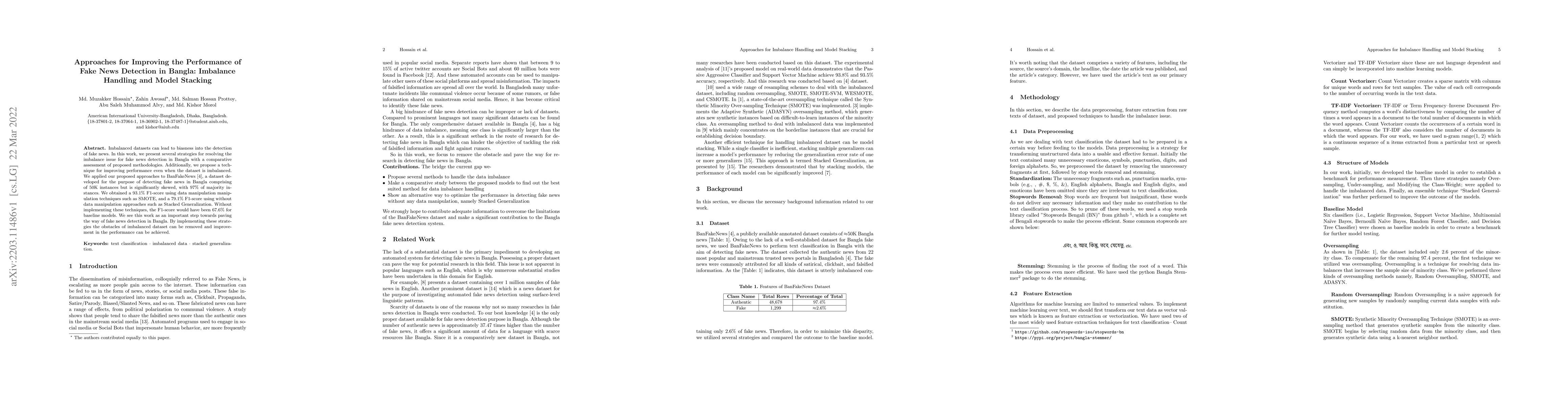 Thumbnail for Approaches for Improving the Performance of Fake News Detection in
  Bangla: Imbalance Handling and Model Stacking