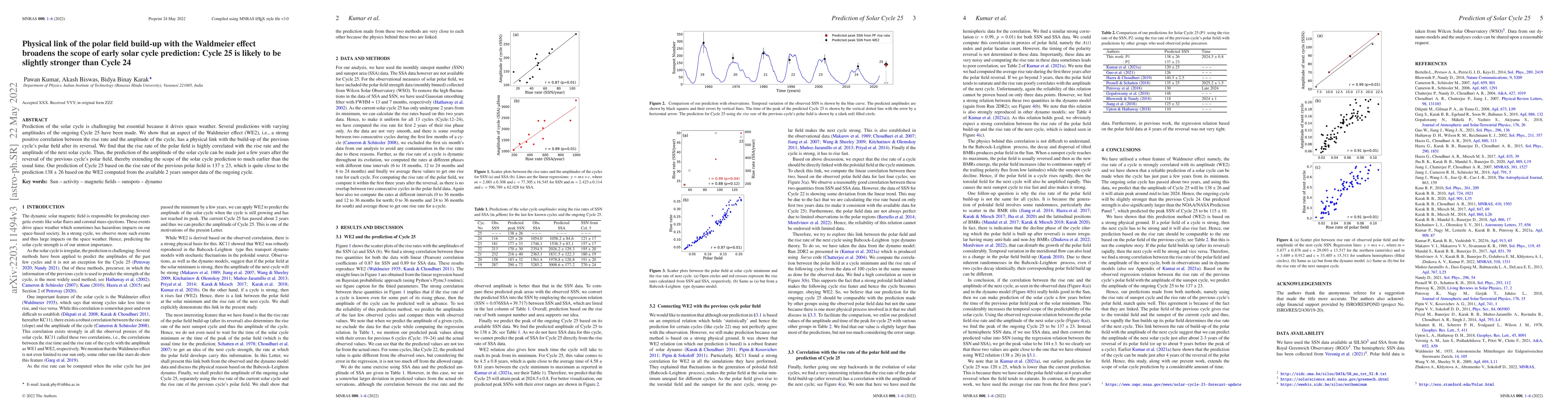 Thumbnail for Physical link of the polar field build-up with the Waldmeier effect
  broadens the scope of early solar cycle prediction: Cycle 25 is likely to be
  slightly stronger than Cycle 24