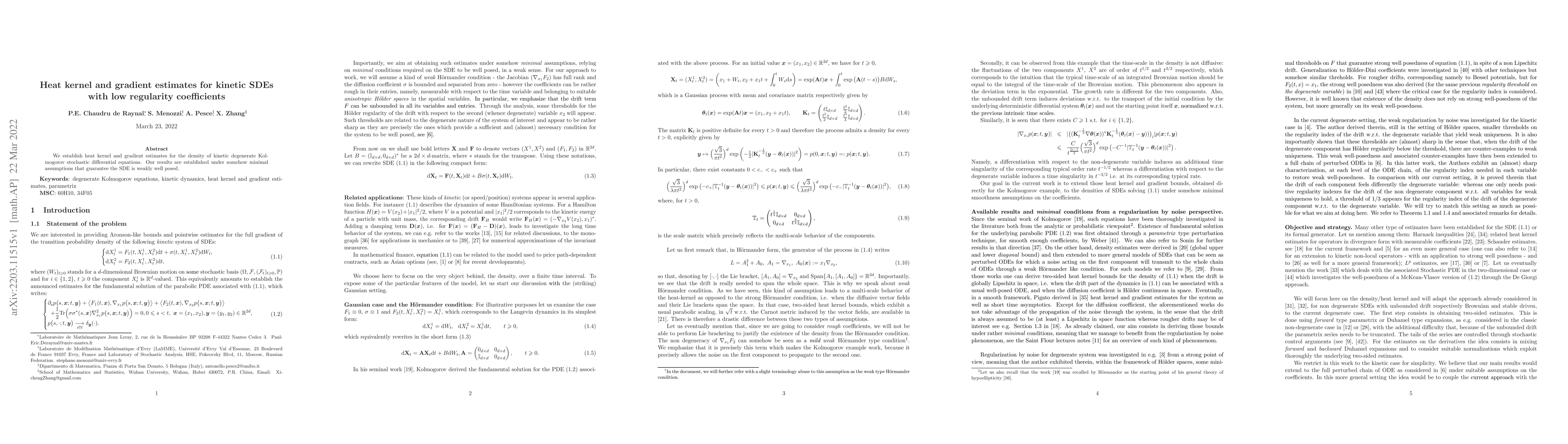 Thumbnail for Heat kernel and gradient estimates for kinetic SDEs with low regularity
  coefficients