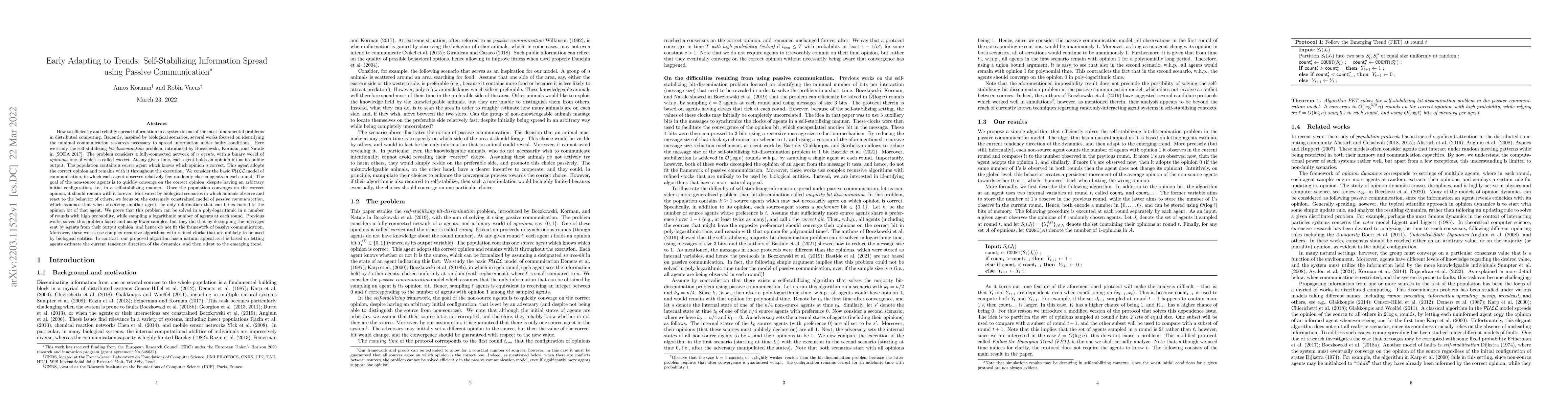 Thumbnail for Early Adapting to Trends: Self-Stabilizing Information Spread using
  Passive Communication