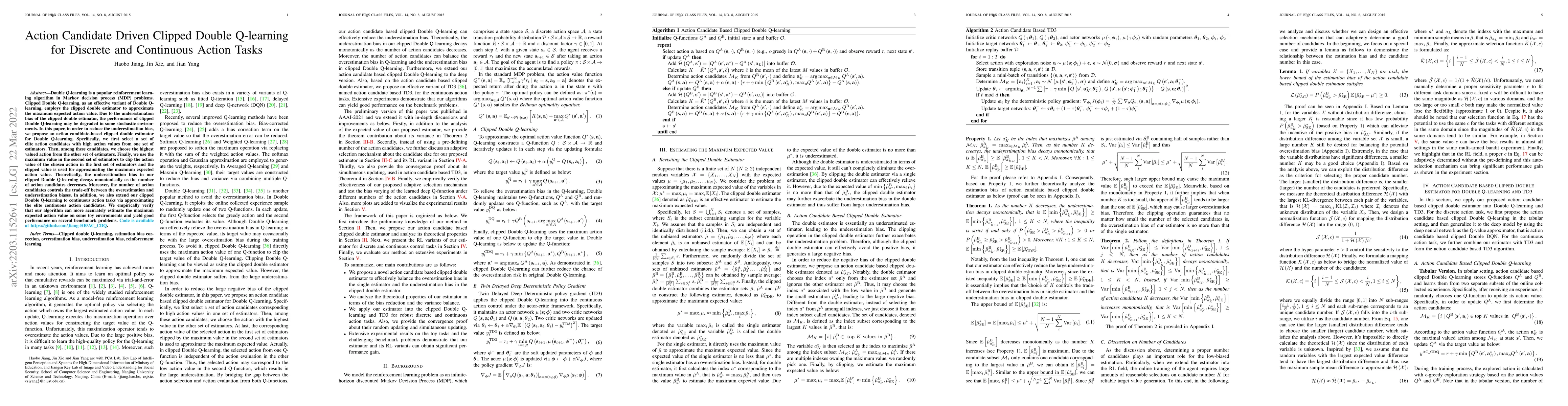 Thumbnail for Action Candidate Driven Clipped Double Q-learning for Discrete and
  Continuous Action Tasks