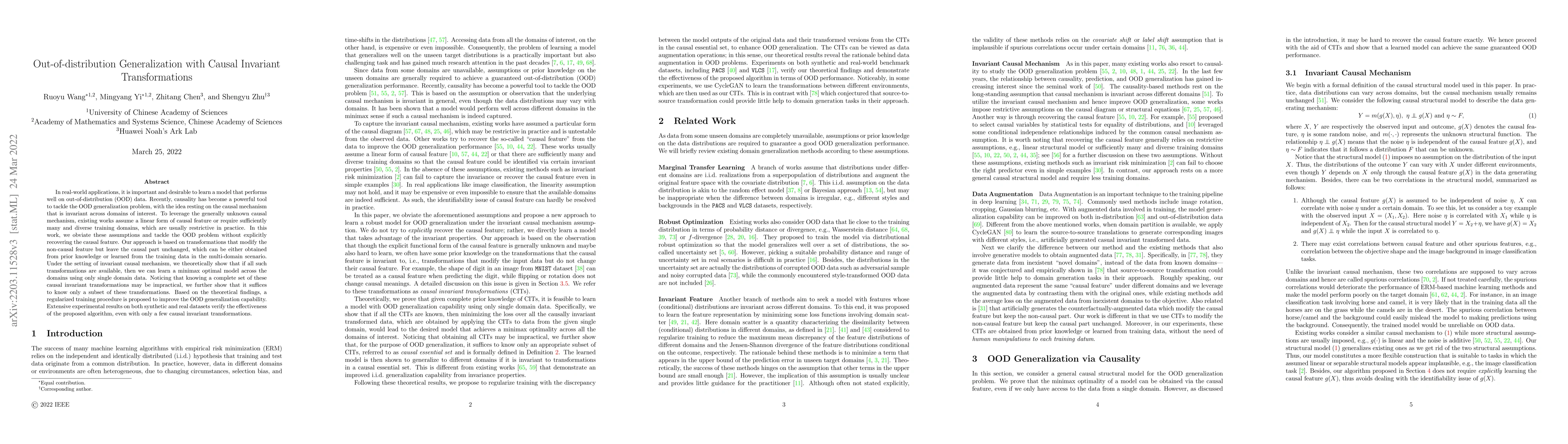Thumbnail for Out-of-distribution Generalization with Causal Invariant Transformations