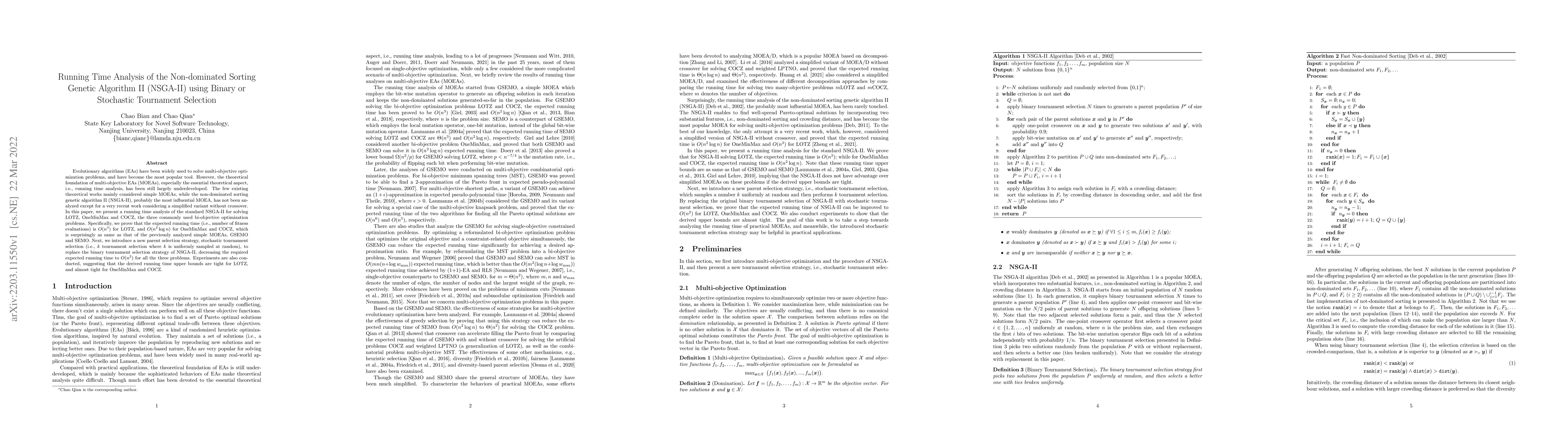 Thumbnail for Running Time Analysis of the Non-dominated Sorting Genetic Algorithm II
  (NSGA-II) using Binary or Stochastic Tournament Selection