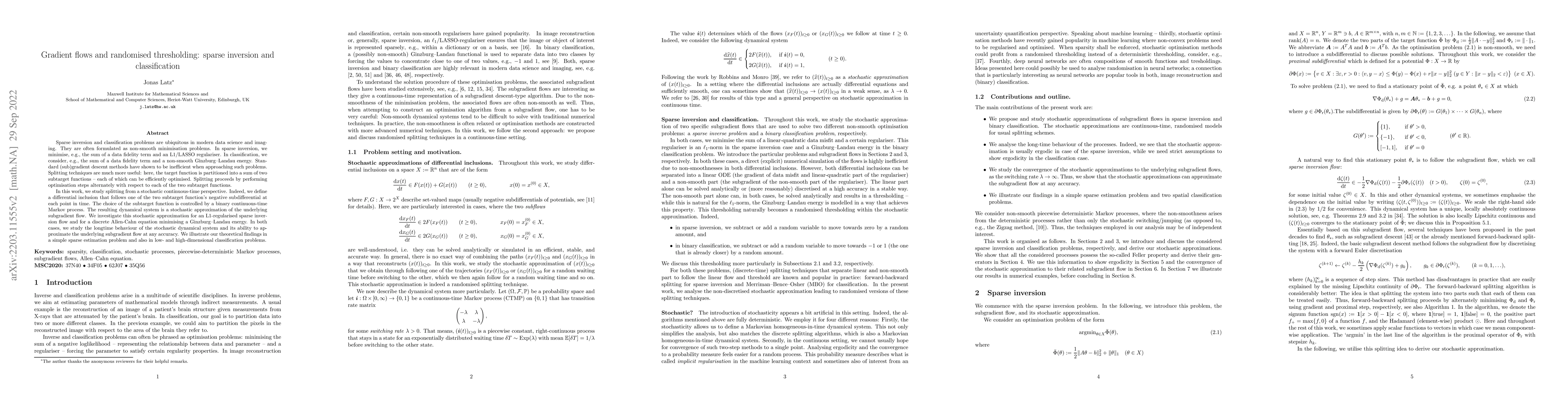 Thumbnail for Gradient flows and randomised thresholding: sparse inversion and
  classification