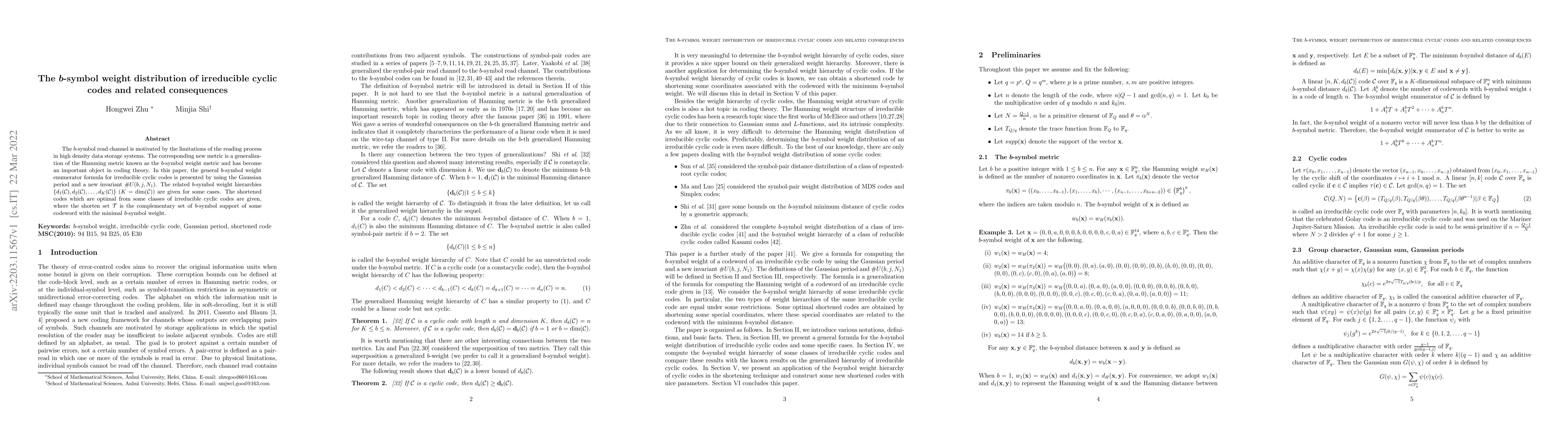 Thumbnail for The b-symbol weight distribution of irreducible cyclic codes and related
  consequences