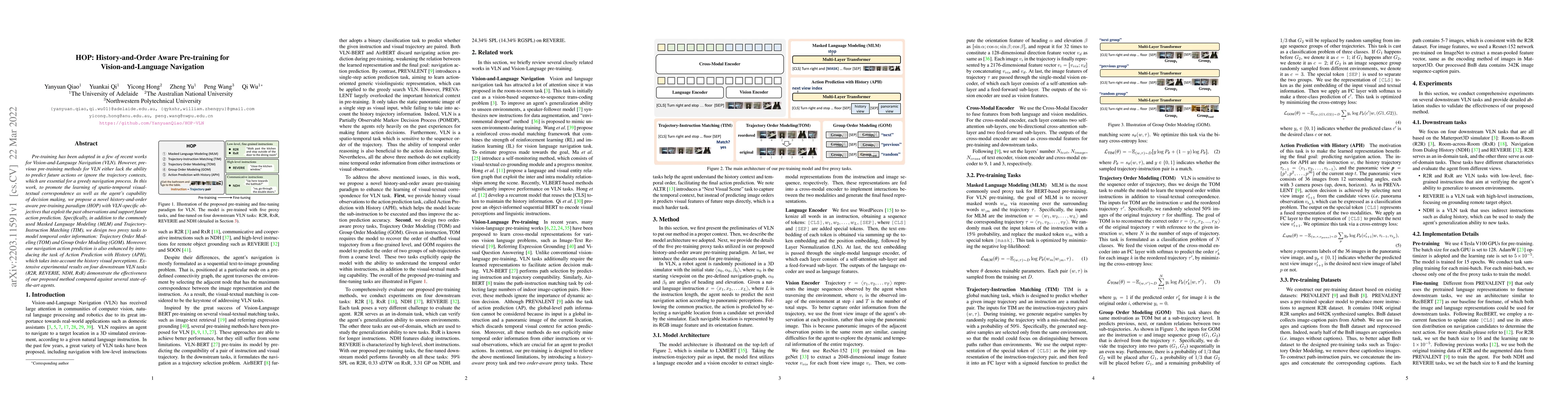 Thumbnail for HOP: History-and-Order Aware Pre-training for Vision-and-Language
  Navigation