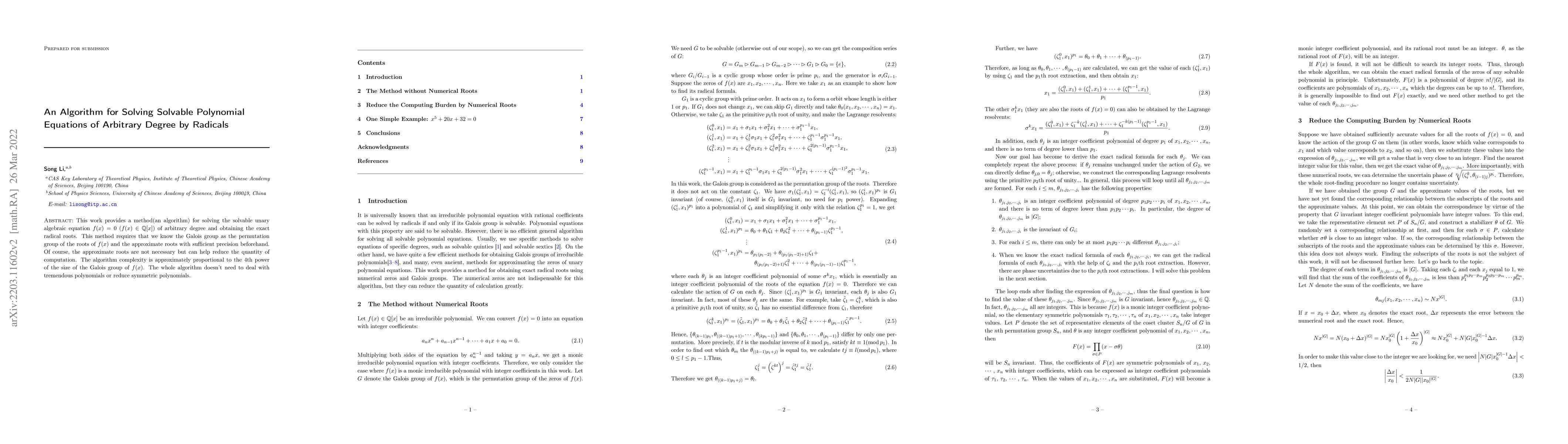 Thumbnail for An Algorithm for Solving Solvable Polynomial Equations of Arbitrary
  Degree by Radicals