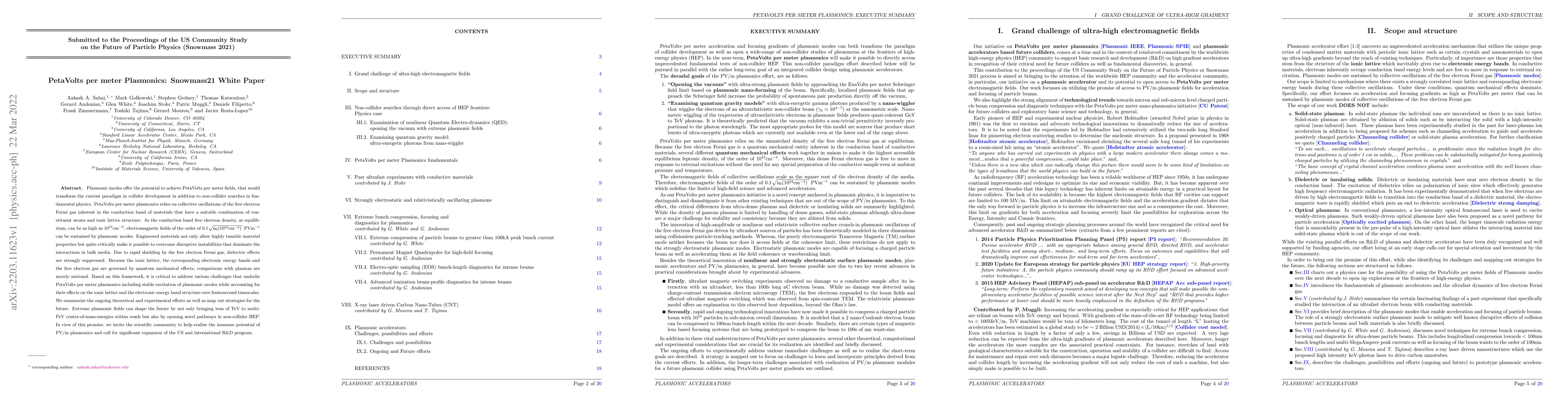 Thumbnail for PetaVolts per meter Plasmonics: Snowmass21 White Paper