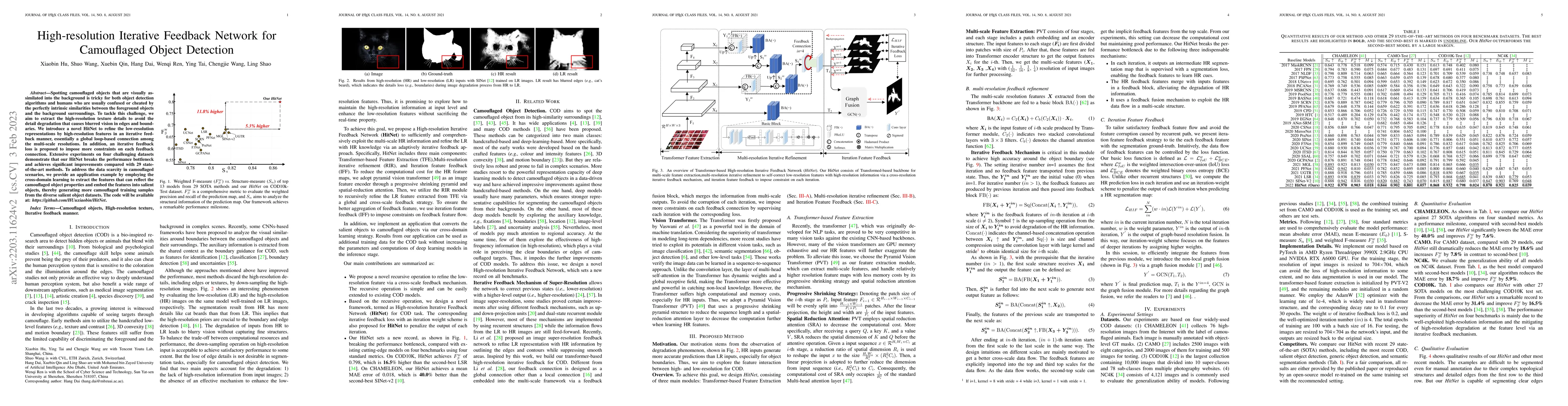 Thumbnail for High-resolution Iterative Feedback Network for Camouflaged Object
  Detection