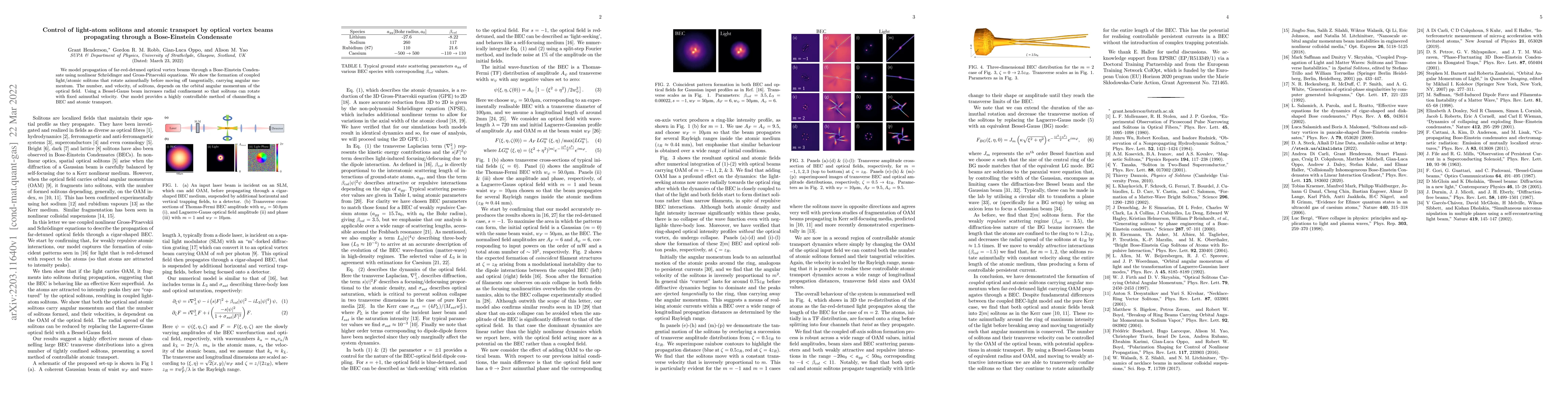 Thumbnail for Control of light-atom solitons and atomic transport by optical vortex
  beams propagating through a Bose-Einstein Condensate